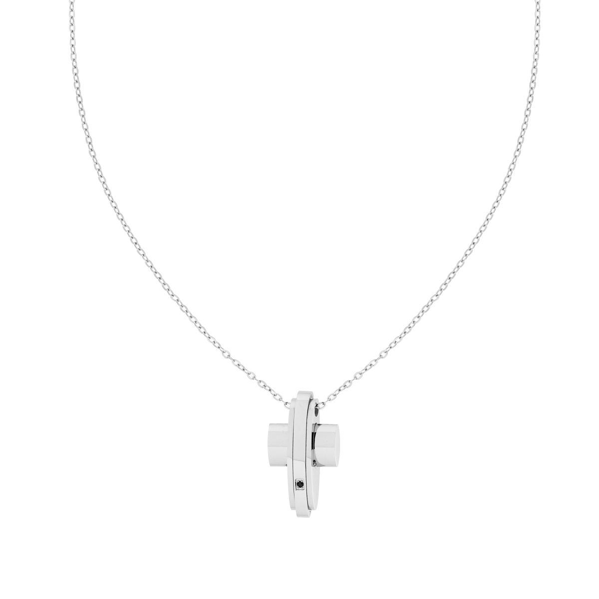 Collana Catena Forzatina Diamantata con Croce e Crystal Nero in ACCIAIO