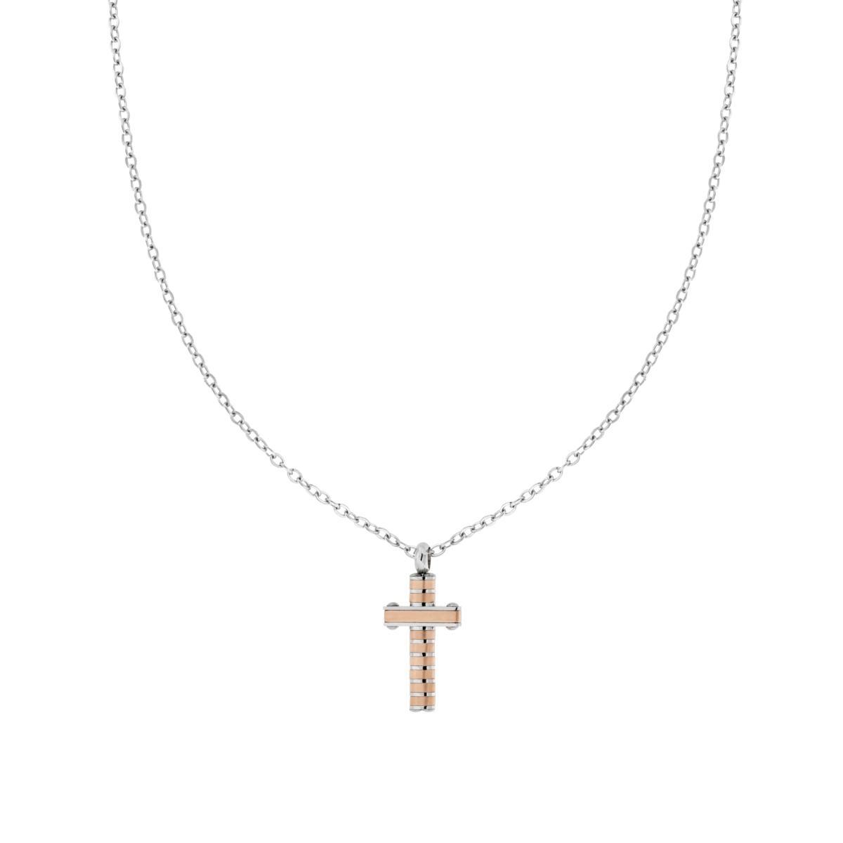 Collana Catena Forzatina Diamantata con Croce Rosa in ACCIAIO