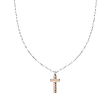 Collana Catena Forzatina Diamantata con Croce Rosa in ACCIAIO