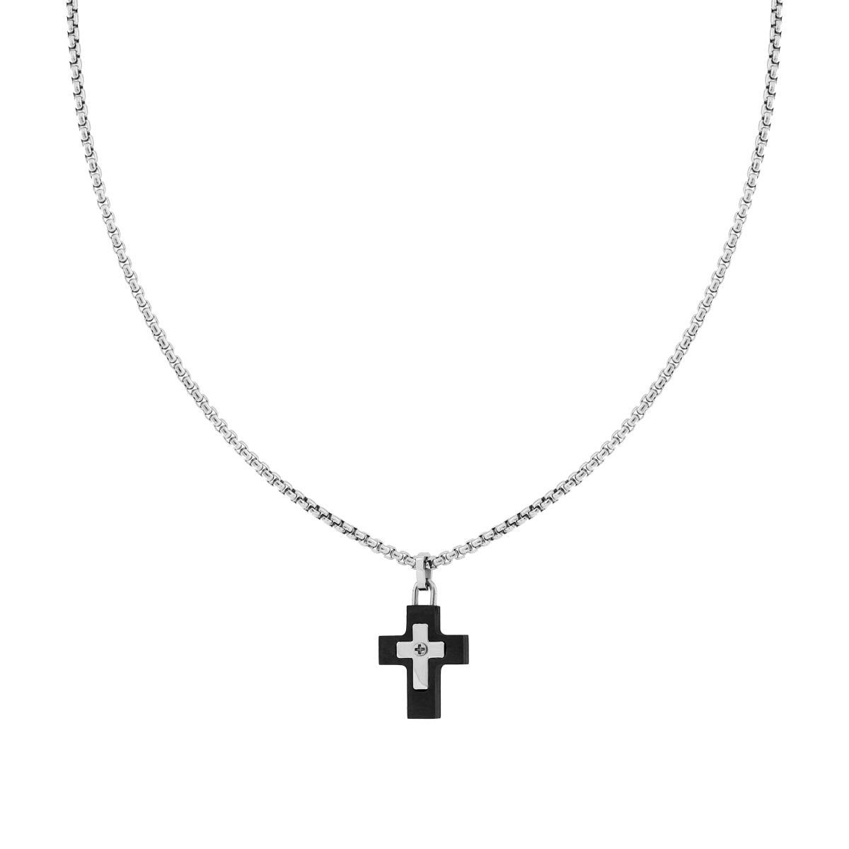 Collana Catena Veneziana Tonda e Croce in PVC Nero in ACCIAIO