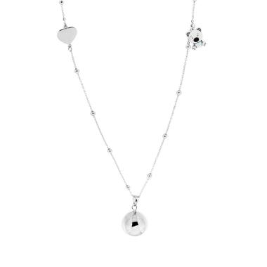 Collana Catena Forzatina Diamantata con Palline cm 90 Chiama Angeli con Cuore e Orsetto Smalto Azzurro in ACCIAIO e BRONZO