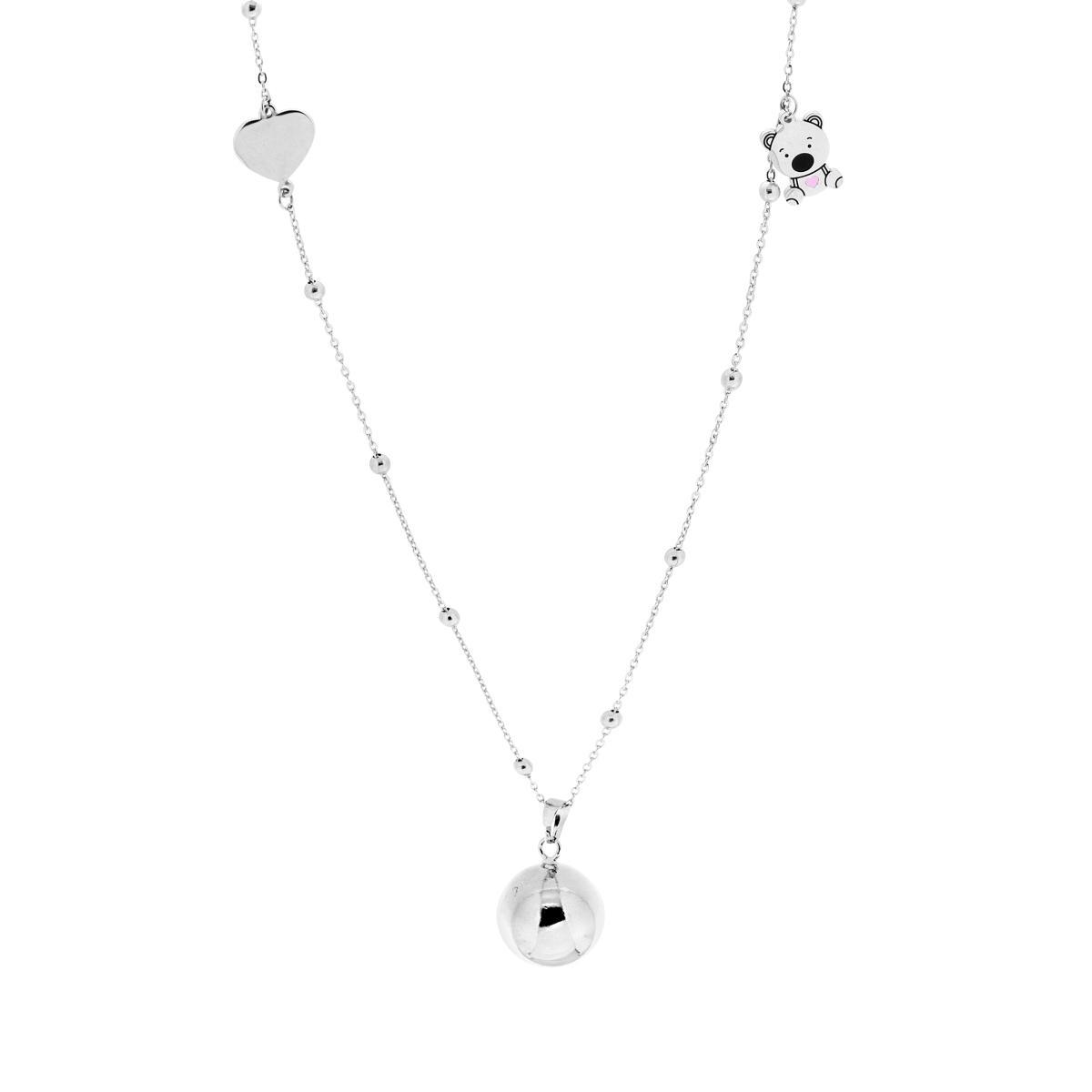 Collana Catena Forzatina Diamantata con Palline cm 90 Chiama Angeli con Cuore e Orsetto Smalto Rosa in ACCIAIO e BRONZO