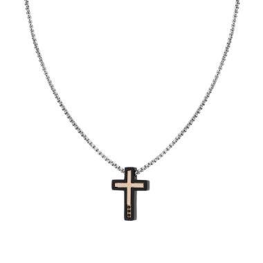 Collana Catena Veneziana Tonda con Croce Nera e Rosa e Crystal Neri in ACCIAIO