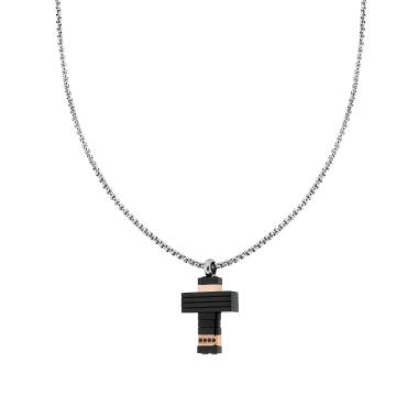 Collana Catena Veneziana Tonda con Croce Nera e Rosa e Crystal Neri in ACCIAIO