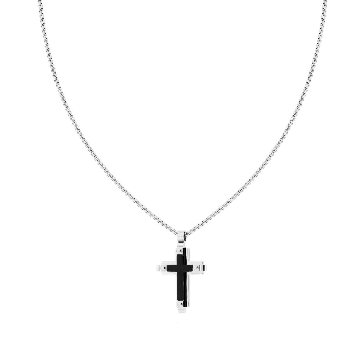 Collana Catena Veneziana Tonda con Croce sormontata da Croce colore Nero satinata in ACCIAIO