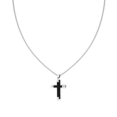 Collana Catena Veneziana Tonda con Croce sormontata da Croce colore Nero satinata in ACCIAIO