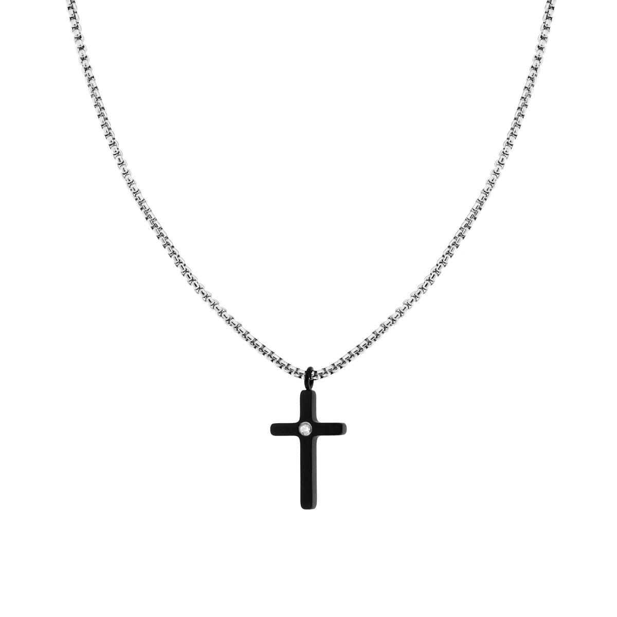 Collana Catena Veneziana Tonda con Croce Nera e Crystal Bianco in ACCIAIO