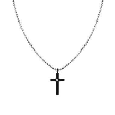 Collana Catena Veneziana Tonda con Croce Nera e Crystal Bianco in ACCIAIO