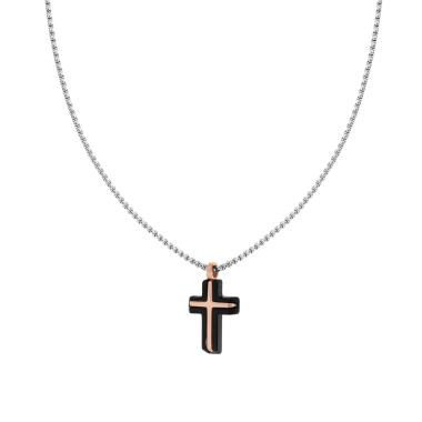 Collana Catena Veneziana Tonda con Croce Nera e Rosa in ACCIAIO