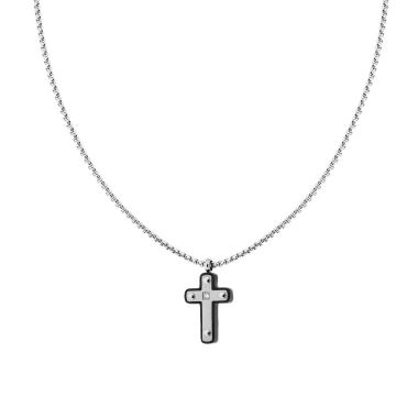 Collana Catena Veneziana Tonda con Croce Nera con Crystal Bianco in ACCIAIO
