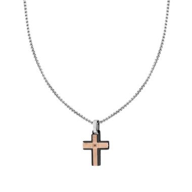 Collana Catena Veneziana Tonda con Croce Nera e Rosa Rigata con Crystal Nero in ACCIAIO