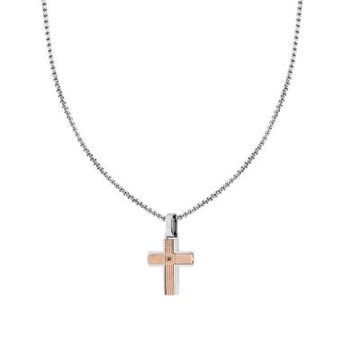 Collana Catena Veneziana Tonda con Croce Rosa Rigata con Crystal Nero in ACCIAIO