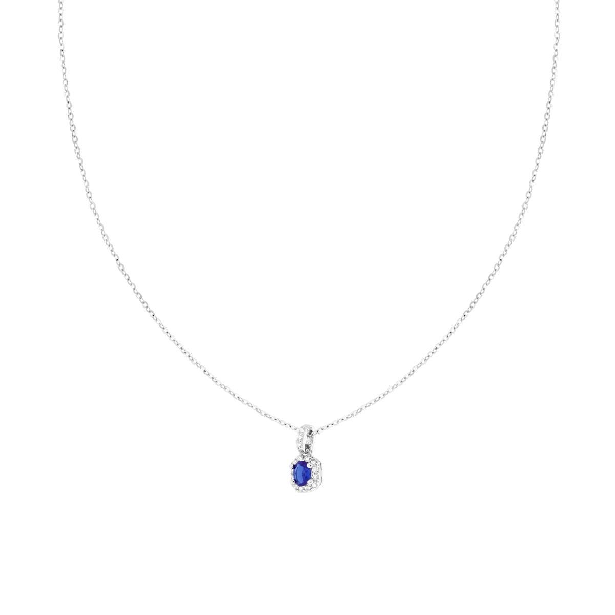 Collana Catena Forzatina Diamantata con Ovale Blu Zaffiro contornato da Cubic Zirconia Bianchi in ARGENTO 925 Galvanica Rodio