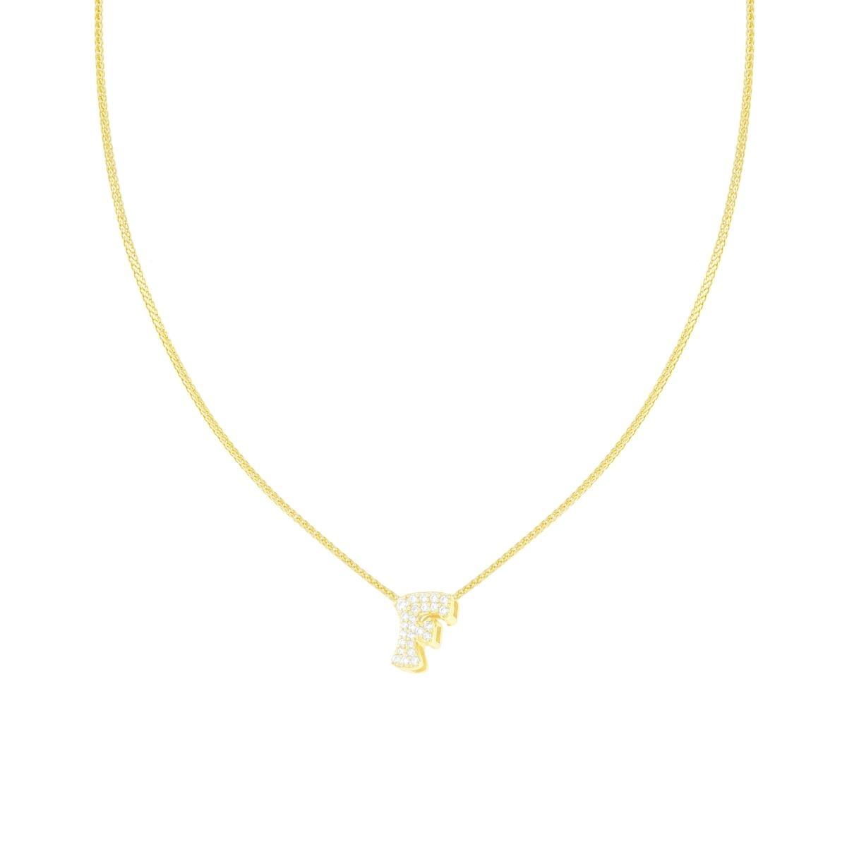 Collana Catena Spiga Diamantata con Lettera Iniziale F e Cubic Zirconia Bianchi in ARGENTO 925 Galvanica Oro