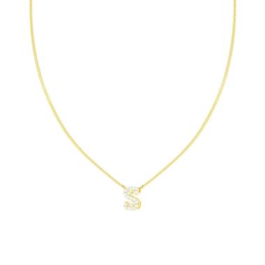 Collana Catena Spiga Diamantata con Lettera Iniziale S e Cubic Zirconia Bianchi in ARGENTO 925 Galvanica Oro