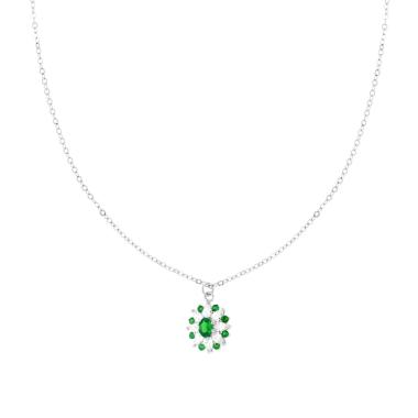 Collana Catena Forzatina Diamantata con Fiore Ovale Verde Smeraldo e Cubic Zirconia Bianchi Marquise in ARGENTO 925 Galvanica Rodio