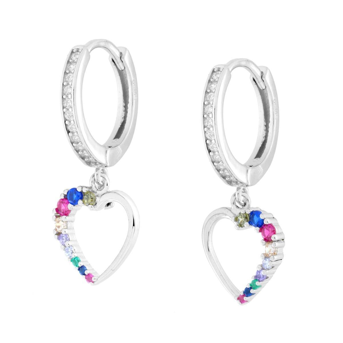 Orecchini Cerchio con Cuore e Cubic Zirconia Multicolor in ARGENTO 925 Galvanica Rodio