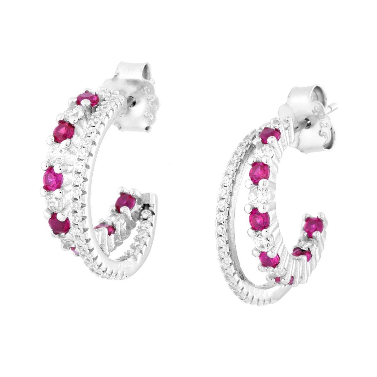 Orecchini Cerchio Doppia Canna con Cubic Zirconia Rosso Rubino e Bianchi in ARGENTO 925 Galvanica Rodio
