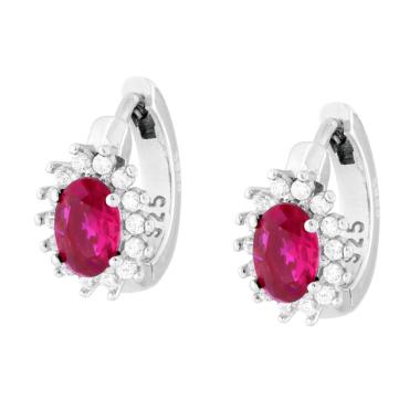 Orecchini Cerchio con Ovale Rosso Rubino contornato da Cubic Zirconia Bianchi in ARGENTO 925 Galvanica Rodio