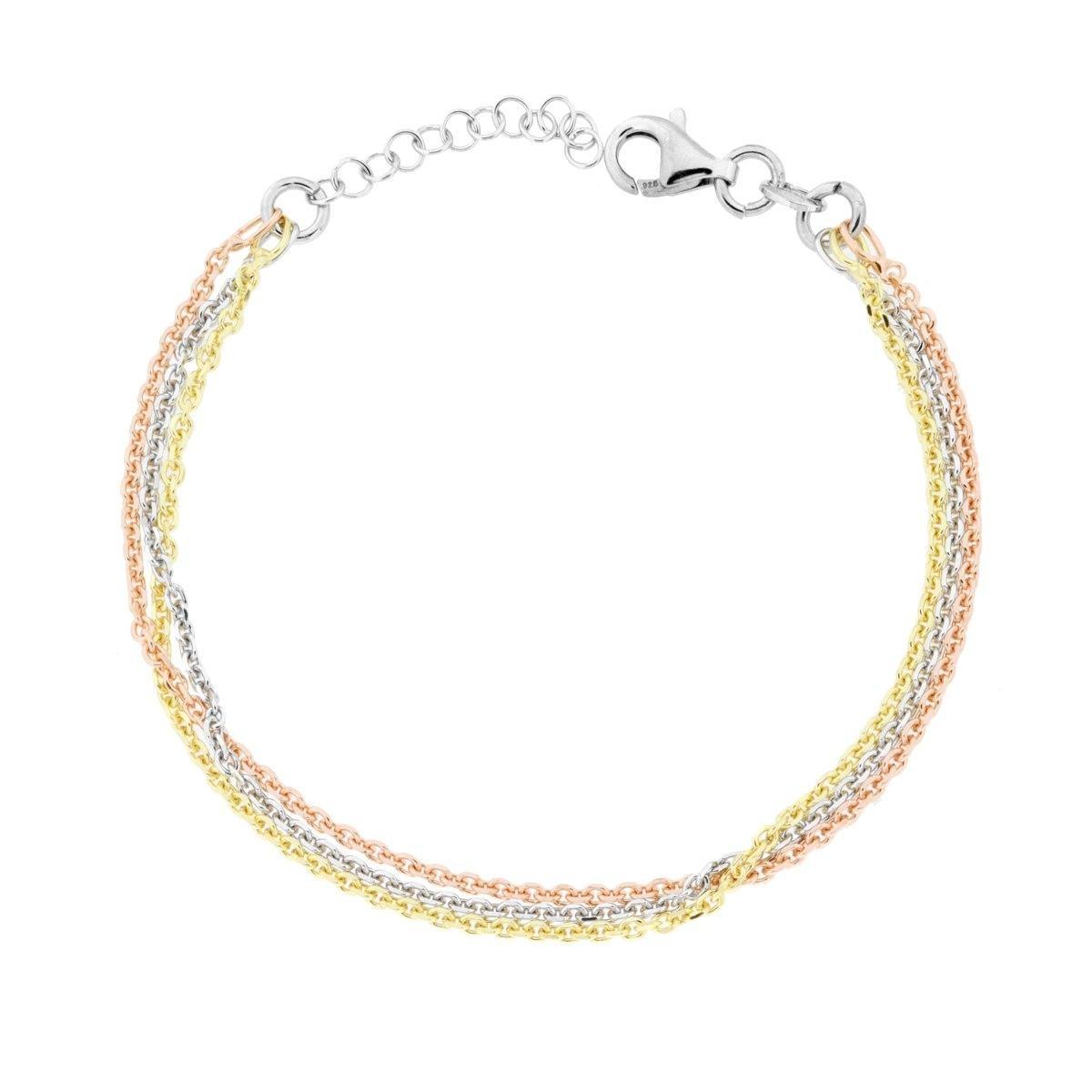 Bracciale tre fili Catena Forzatina Diamantata in ARGENTO 925 Galvanica Rodio Oro e Rosa