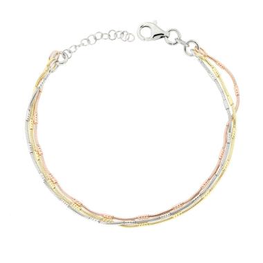 Bracciale tre fili Catena Coda di Topo con Cilindretti Diamantati in ARGENTO 925 Galvanica Rodio Oro e Rosa