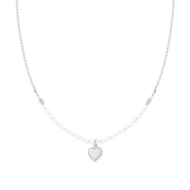 Collana con Catena Forzatina Diamantata e Filo Perla Bianca in vetro perlato con Cuore e Cubic Zirconia Bianchi in ARGENTO 925 Galvanica Rodio