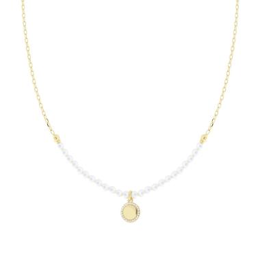 Collana con Catena Forzatina Diamantata e Filo Perla Bianca in vetro perlato con Tondo e Cubic Zirconia Bianchi in ARGENTO 925 Galvanica Oro