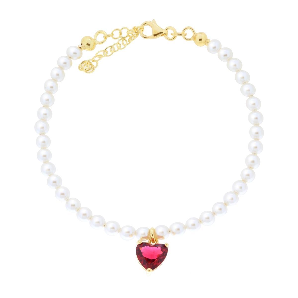 Bracciale Filo Perla con Cuore Cubic Zirconia Rosso Rubino in ARGENTO 925 Galvanica Oro