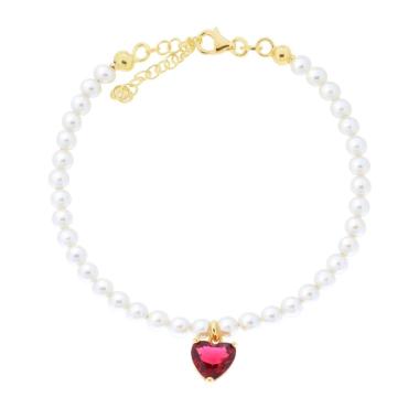 Bracciale Filo Perla con Cuore Cubic Zirconia Rosso Rubino in ARGENTO 925 Galvanica Oro