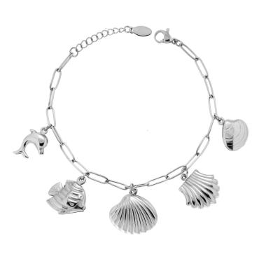 Bracciale Catena Forzatina allungata con Conchiglie Delfino e Pesci in ACCIAIO