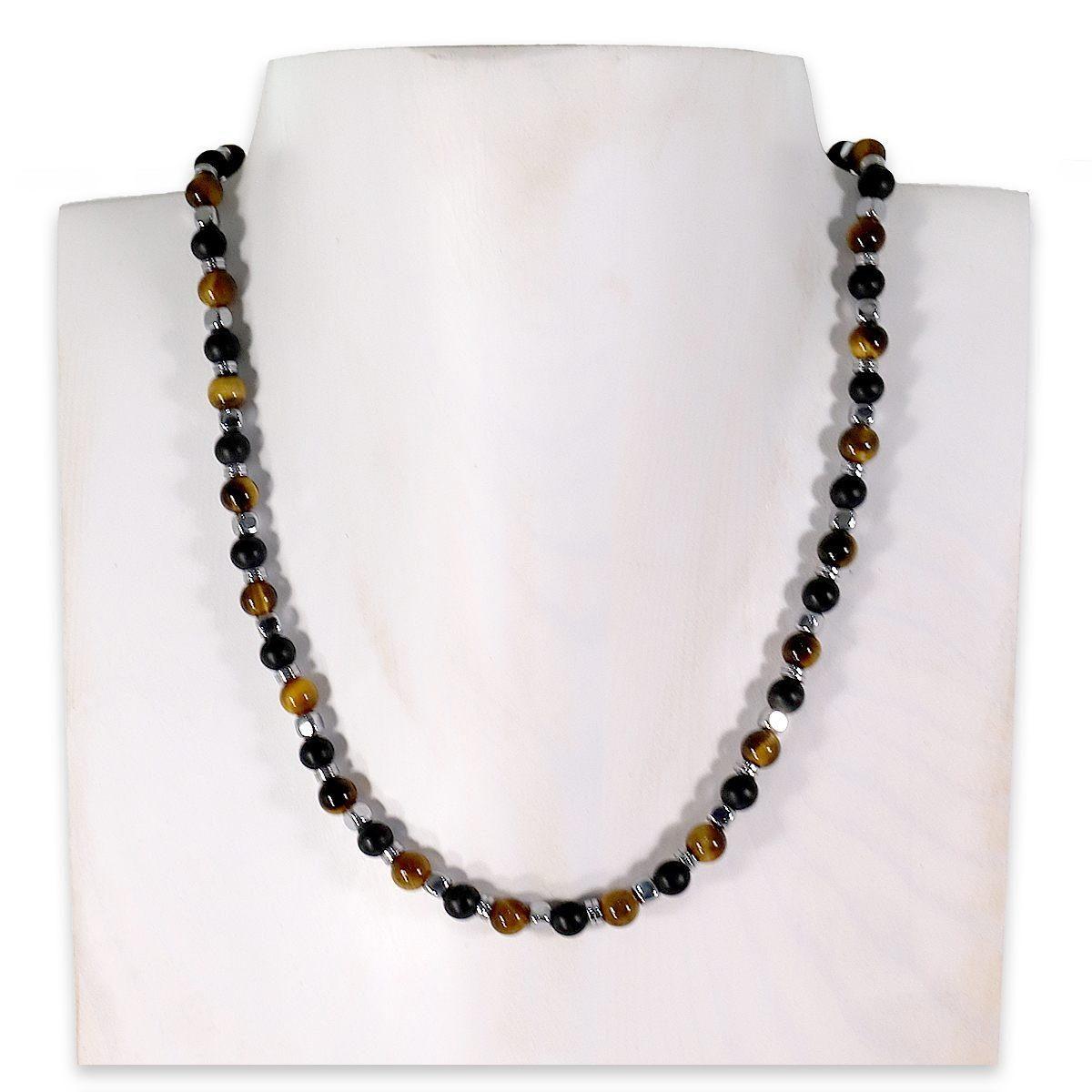 Collana montata in ematite onice nero satinato e occhio di tigre in pezzi