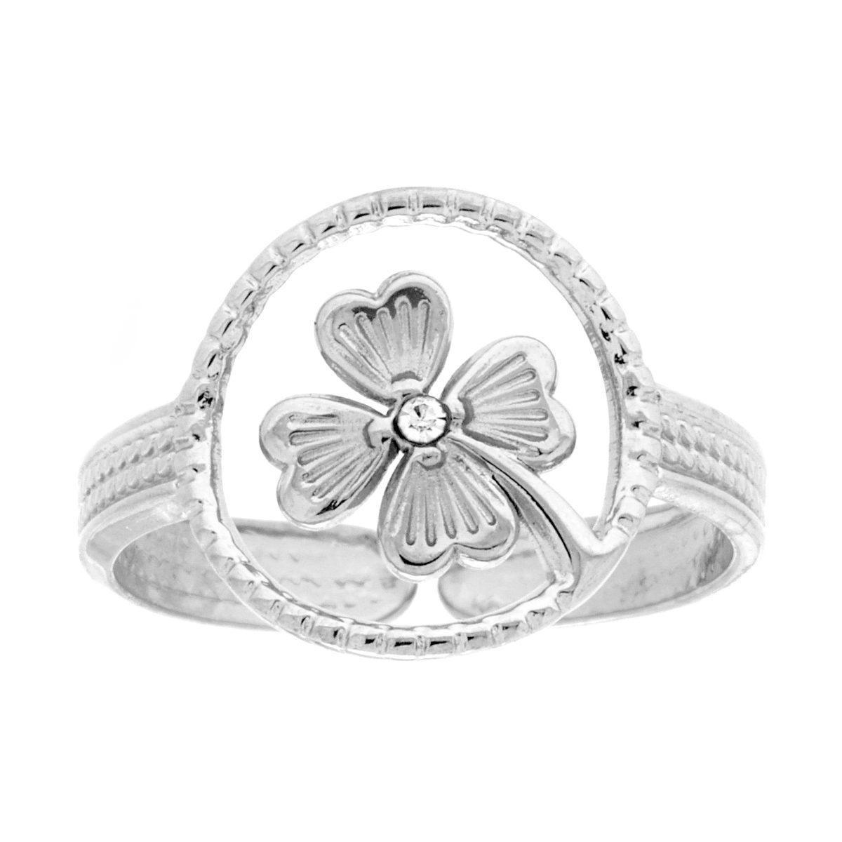 Anello Pallinato con Quadrifoglio e Crystal Bianco in ACCIAIO