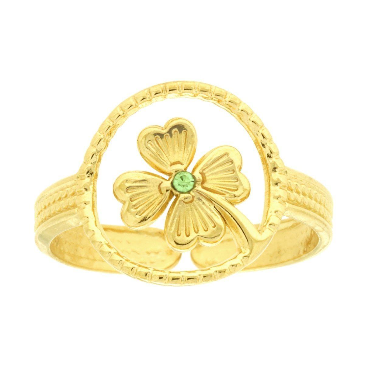 Anello Pallinato con Quadrifoglio e Crystal Verde in ACCIAIO colore Oro