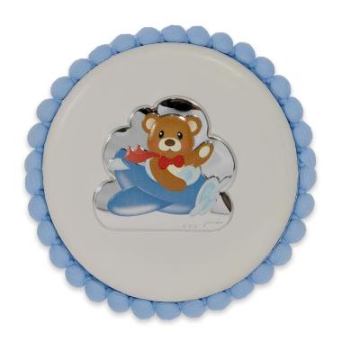 Medaglione tondo con pon pon e carillon orsetto aviatore celeste d.10 cm