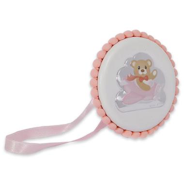 Medaglione tondo con pon pon e carillon orsetto aviatore rosa d.10 cm