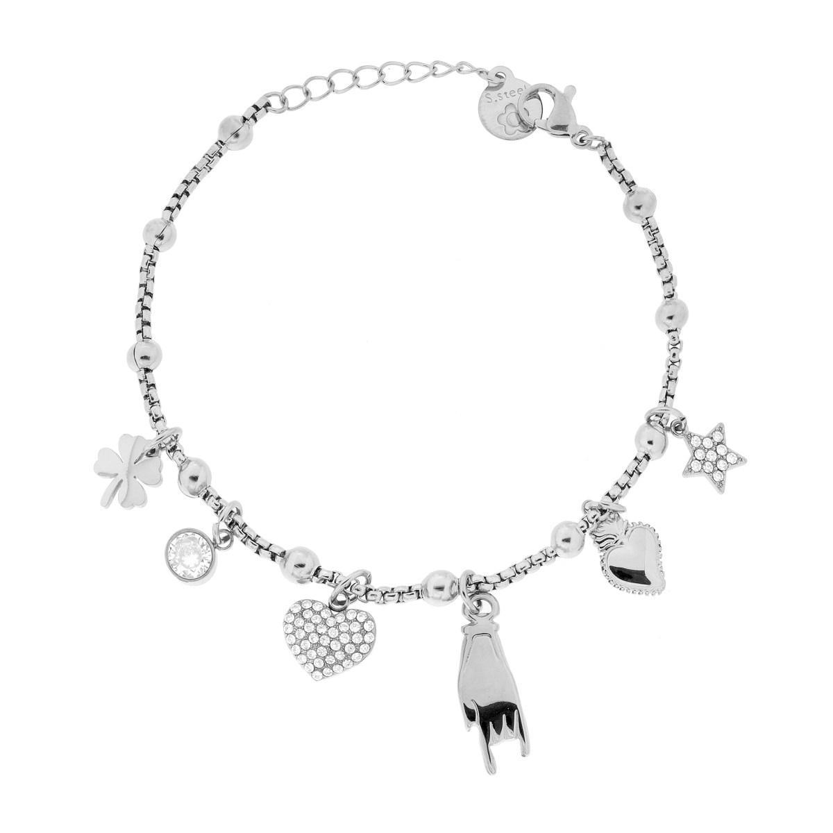 Bracciale Catena Veneziana Tonda con Charms Portafortuna e Crystal Bianchi in ACCIAIO