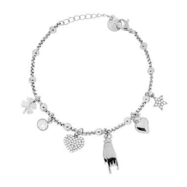 Bracciale Catena Veneziana Tonda con Charms Portafortuna e Crystal Bianchi in ACCIAIO