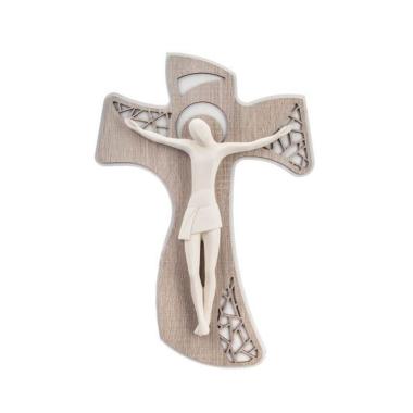 Cristo crocifisso stilizzato bianco su croce legno 23x33 cm Femiano