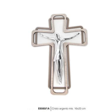 Cristo crocifisso stilizzato argento su croce legno 16x23 cm Femiano