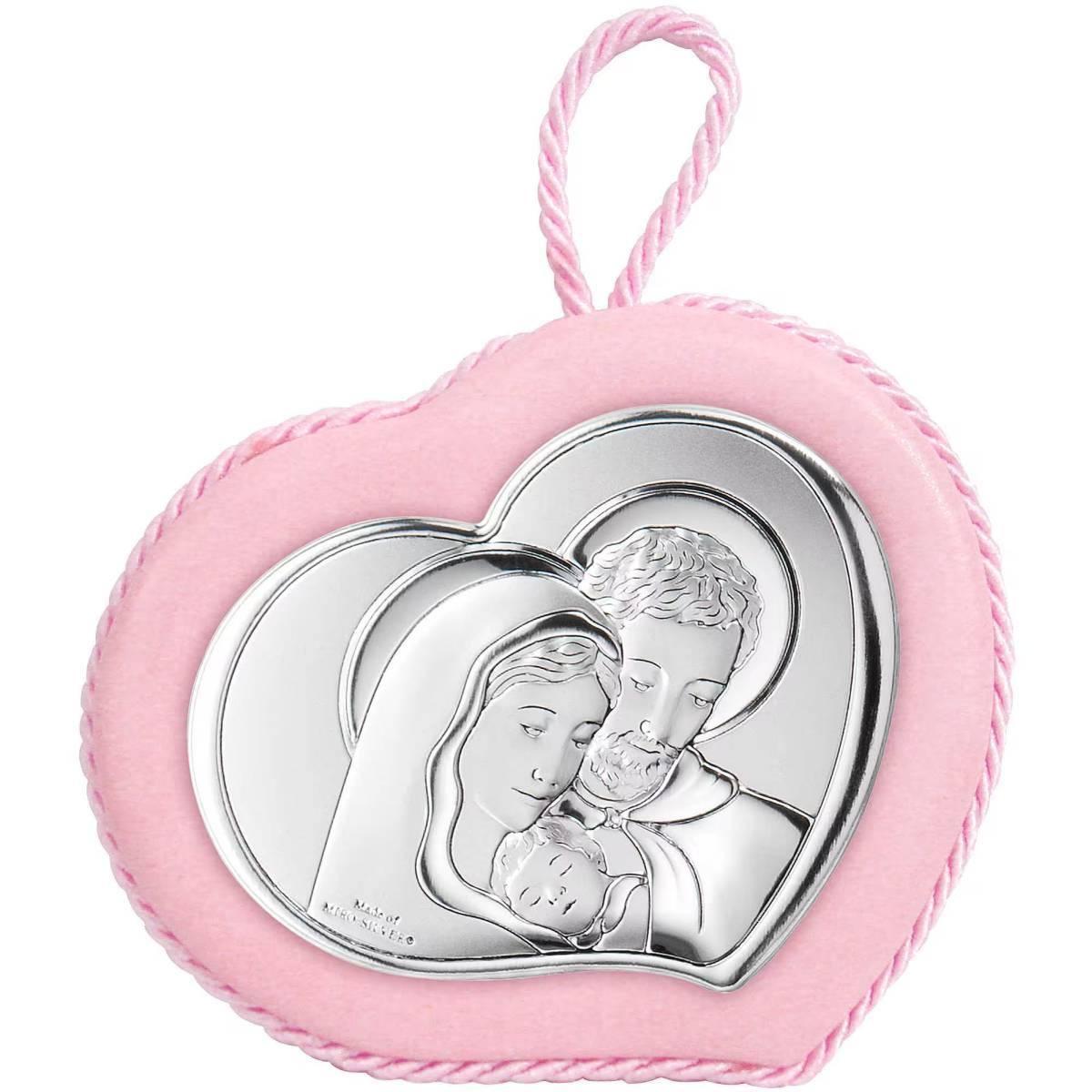 Medaglione culla 10x9 cm con carillon Sacra Famiglia rosa Valenti