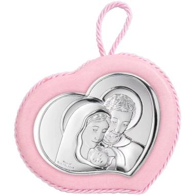 Medaglione culla 10x9 cm con carillon Sacra Famiglia rosa Valenti