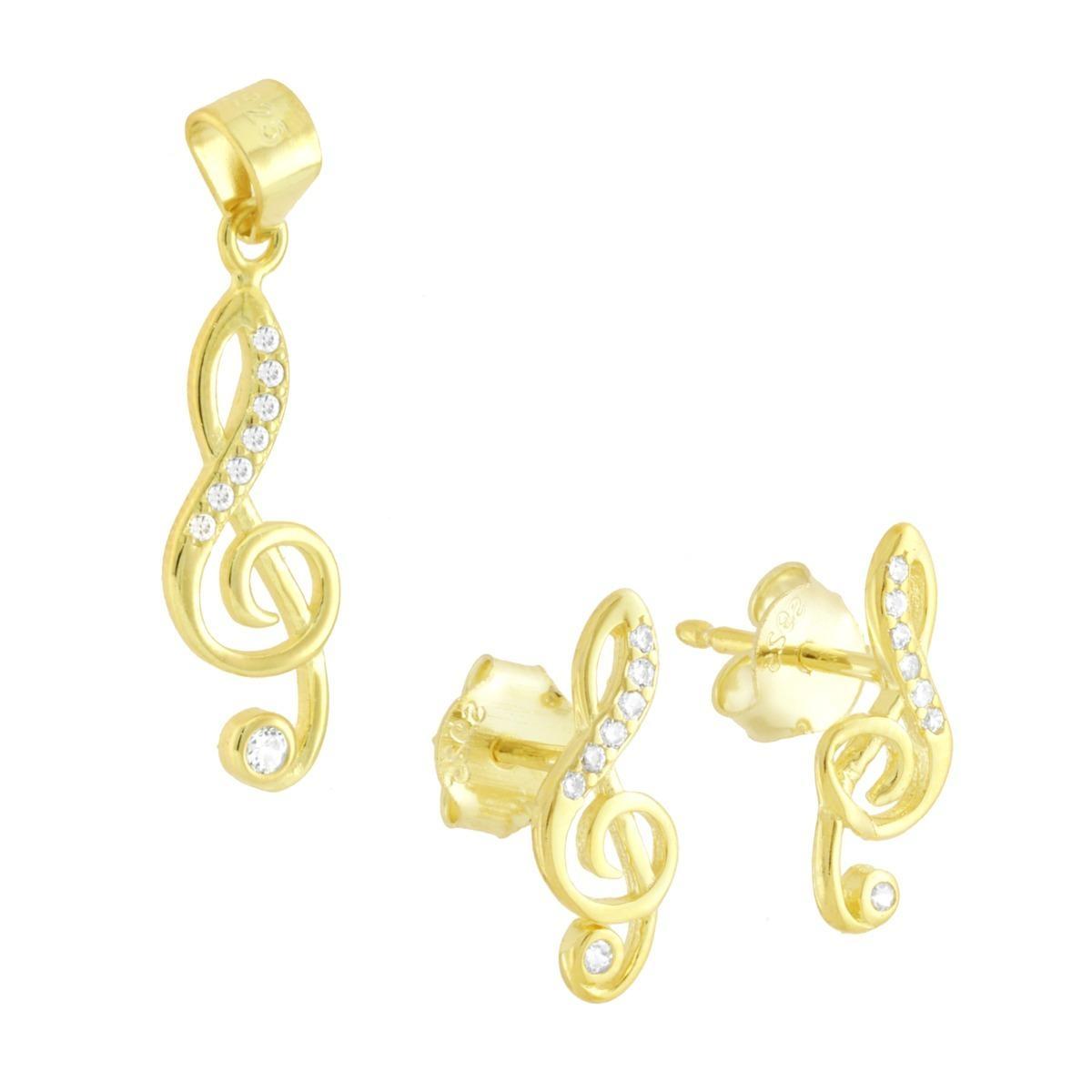 Parure Set Orecchini e Ciondolo Chiave Musicale di Violino con Cubic Zirconia Bianchi in ARGENTO 925 Galvanica Oro