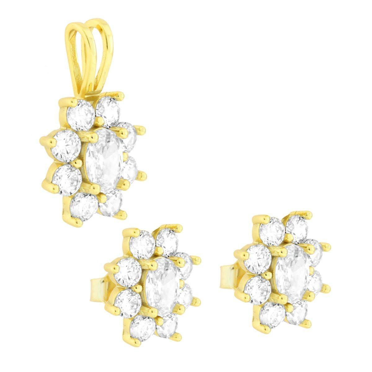 Parure Set Orecchini e Ciondolo Fiore Bianco con Cubic Zirconia Bianchi in ARGENTO 925 Galvanica Oro