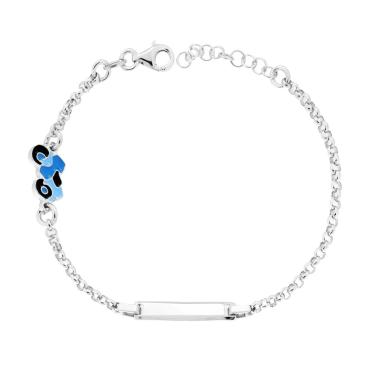 Bracciale Bimbo Bimba Catena Rolo con Targa Rettangolare e Motocicletta con Smalto Azzurro in ARGENTO 925 Galvanica Rodio