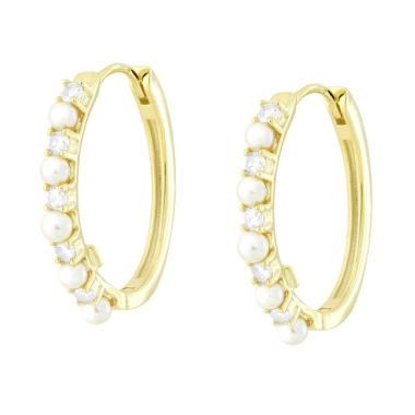 Orecchini Cerchio Ovale Scattino con Cubic Zirconia Bianchi e Perle in ARGENTO 925 Galvanica Oro
