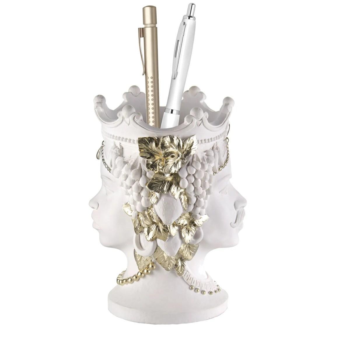 Contenitore portapenne Testa di Moro bianco platino h.14 cm Valenti