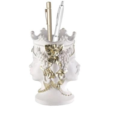 Contenitore portapenne Testa di Moro bianco platino h.14 cm Valenti