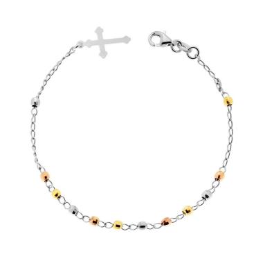 Bracciale Rosario con Palline Diamantate e Croce pendente 19 mm in ARGENTO 925 Galvanica Oro Rodio e Rosa