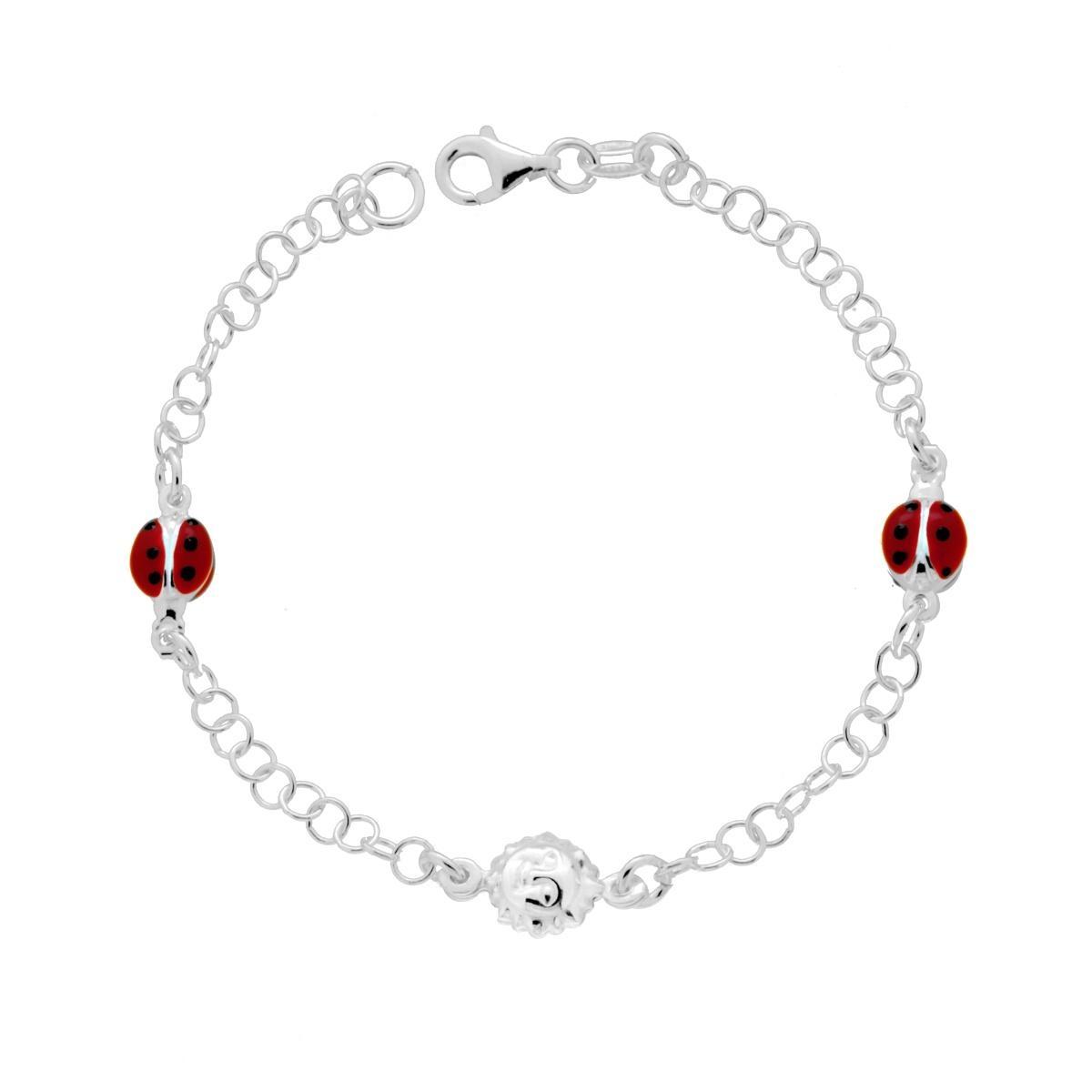 Bracciale Catena Forzatina Tonda con Sole e Coccinelle Smalto Rosso e Nero in ARGENTO 925