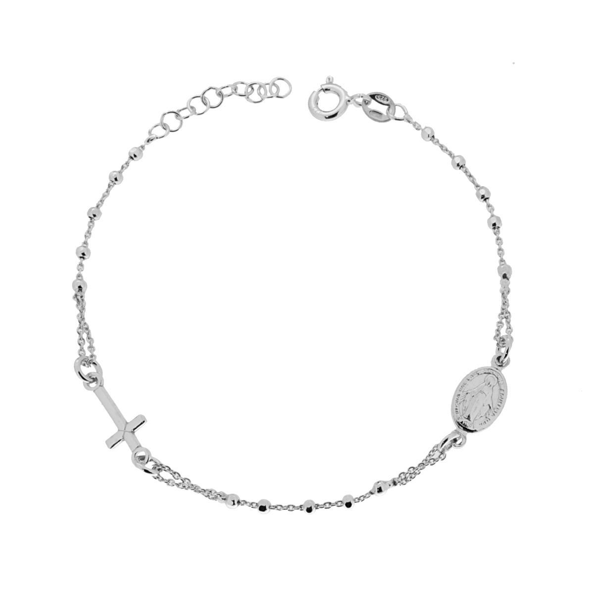 Bracciale Rosario cm 20 con Grani Sfaccettati mm 2 con Croce e Medaglia Madonna in ARGENTO 925 Galvanica Rodio